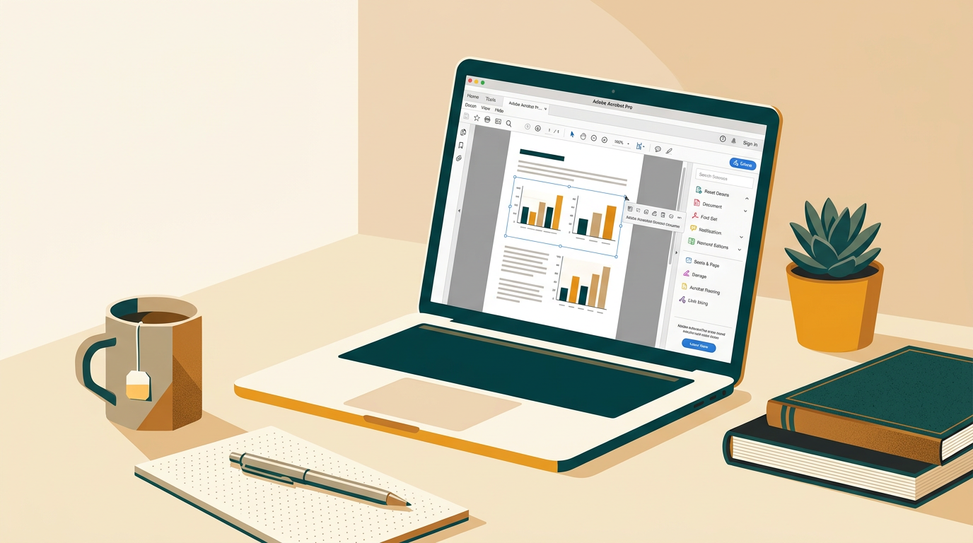 a clean, modern desktop workspace showing a laptop with the Adobe Acrobat Pro interface, a document with charts and text is being edited, soft ambient light