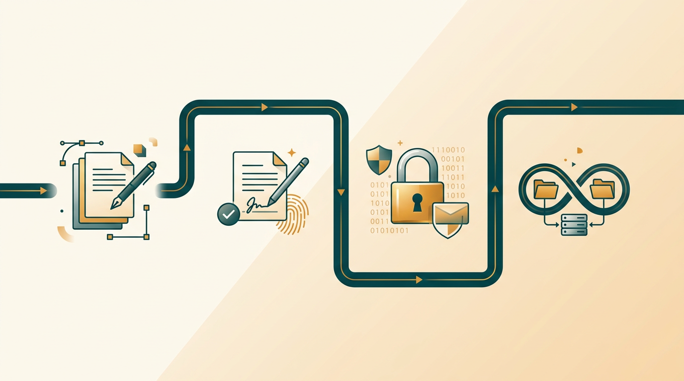 a secure digital workflow illustrated by icons representing document creation, digital signature, encryption, and archival, connected by secure data pathways