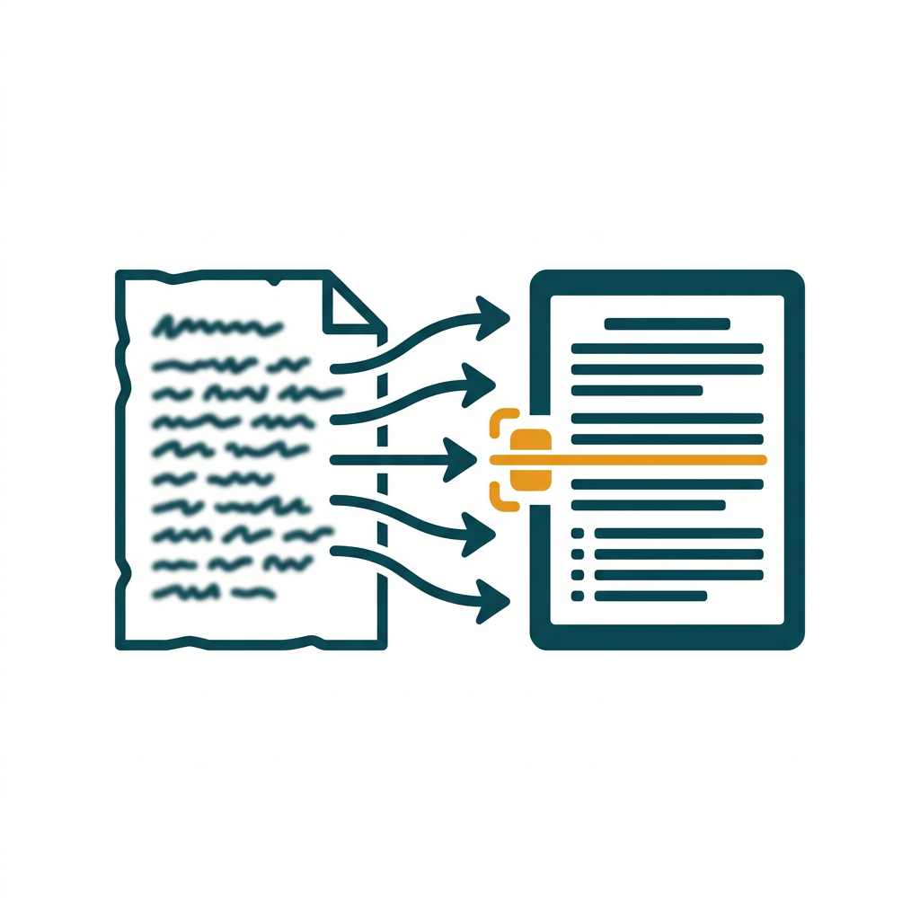 a scanned paper document with blurry text being converted into a crisp digital text document