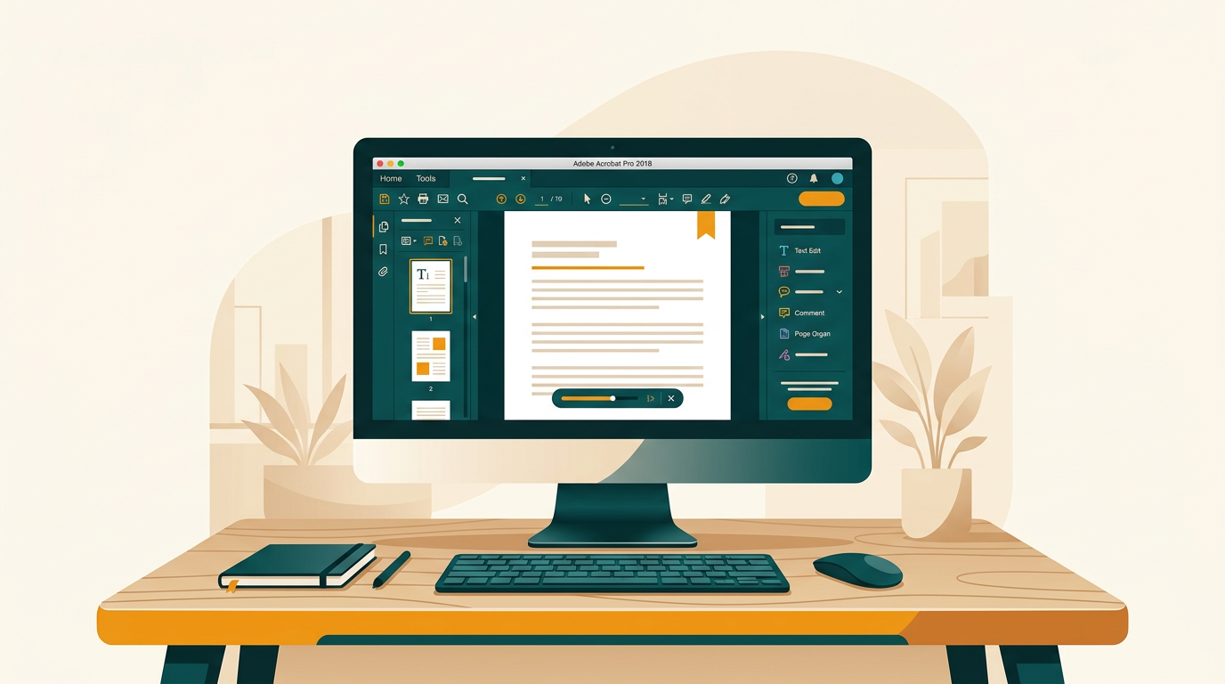 a clean, modern desk with a computer monitor displaying the Adobe Acrobat Pro 2018 interface, showing an open PDF document with editing tools visible. Soft, neutral background.