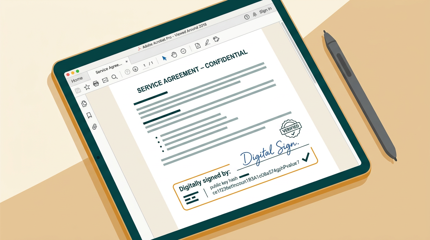 a close-up shot of a digitally signed contract on a tablet screen using Adobe Acrobat Pro 2018, a stylus pen rests beside it, symbolizing security and modernity.