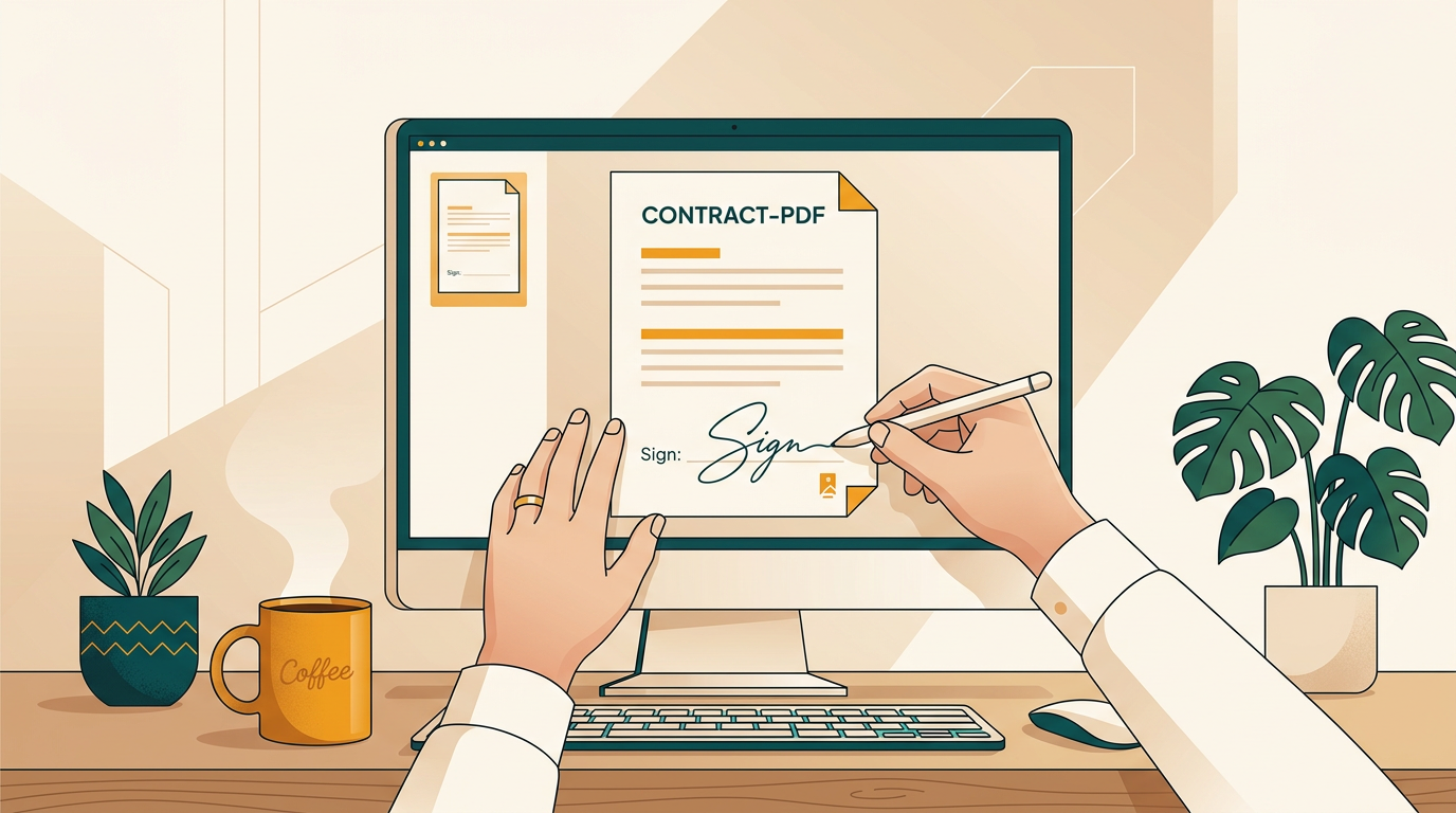 a clean, professional desk scene with a person's hands digitally signing a PDF document on a large monitor, surrounded by plants and a coffee mug