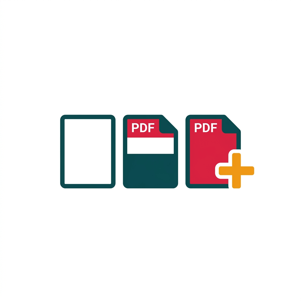 a blank page icon transforming into a red PDF document icon with a plus symbol