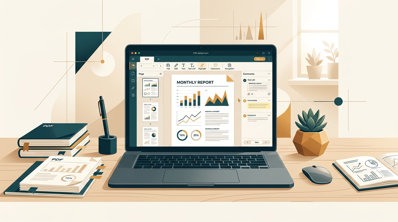 a clean, modern desktop scene with a laptop displaying the user interface of a professional PDF editing software, with documents and charts visible on screen