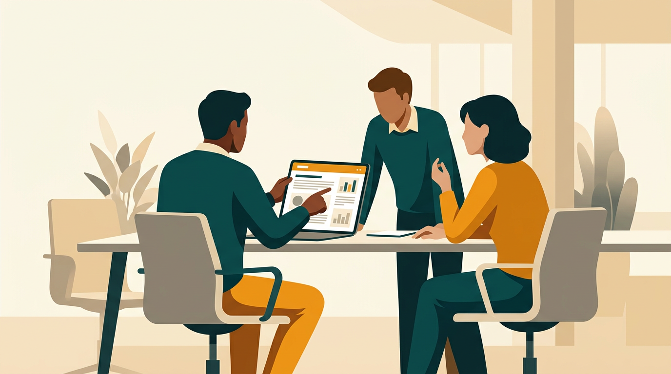 a diverse group of professionals in a modern office collaborating around a table, one person pointing at a tablet showing a PDF document