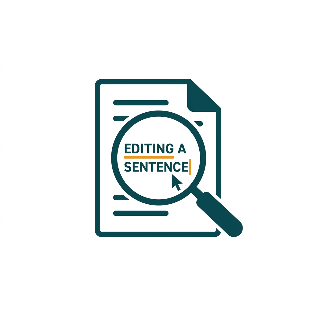 a document with a magnifying glass over text, showing a cursor editing a sentence