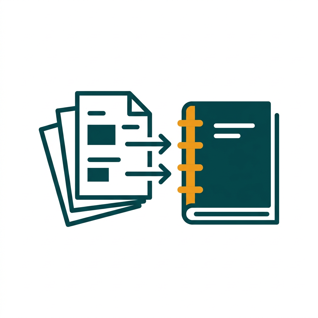 a stack of papers being combined into a single, bound document icon