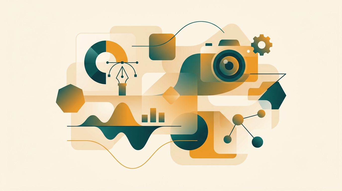 a vibrant and abstract composition of overlapping geometric shapes and fluid gradients, representing multiple creative software tools working in harmony