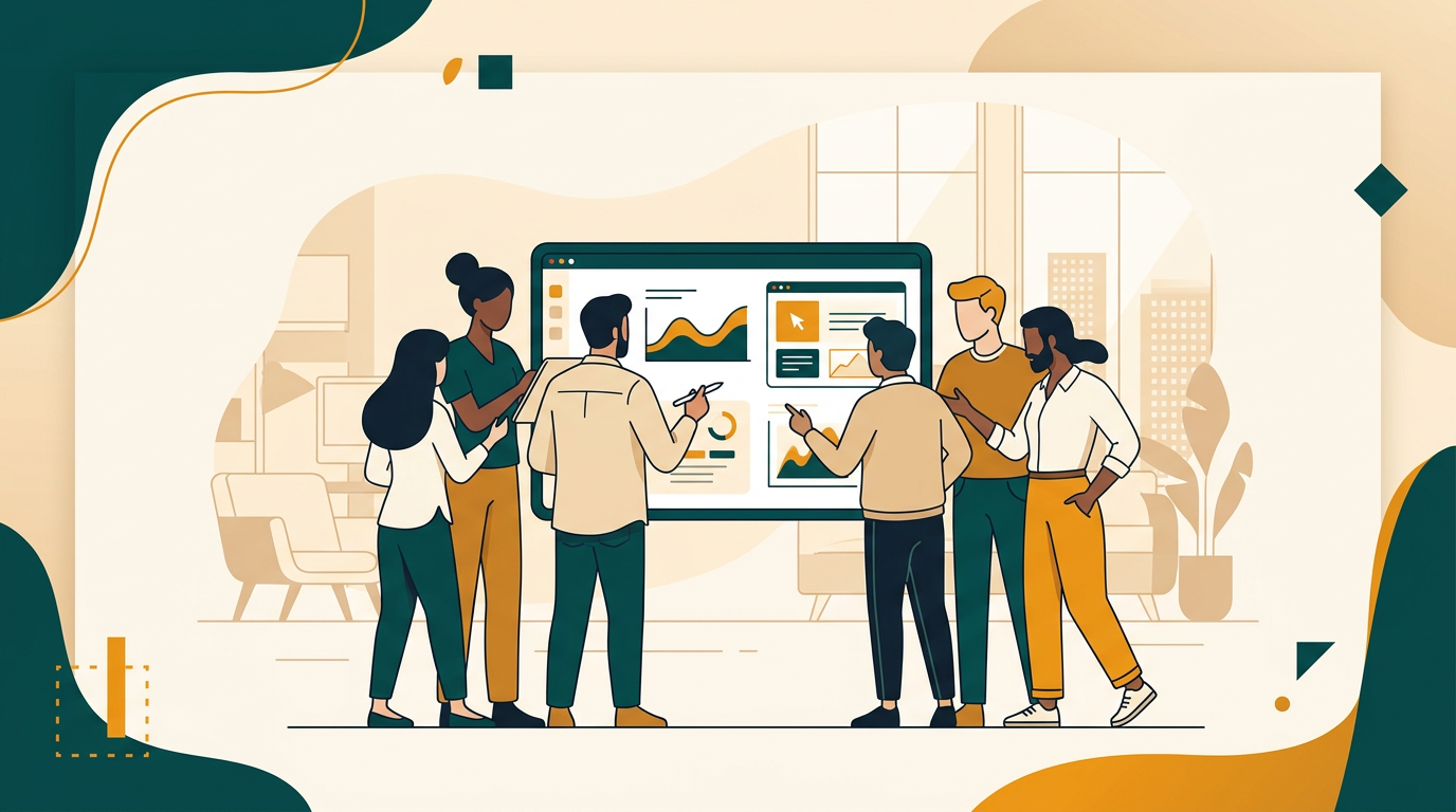 a diverse group of creative professionals collaborating around a large digital tablet, showing graphs and design elements, in a modern, bright office space