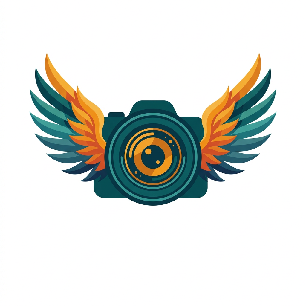 a stylized camera lens with multi-colored feathered wings extending from its sides