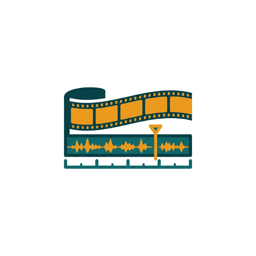 a strip of film reel unwinding across a digital video timeline with audio waveforms
