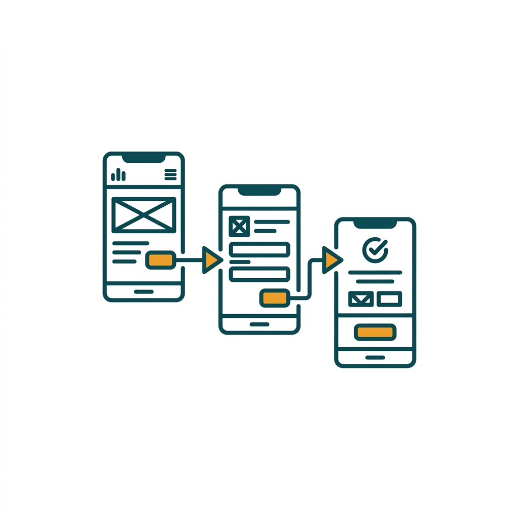 a wireframe of a mobile app interface with connected user flow lines