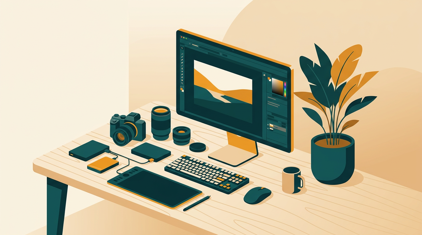 a professional photographer's desk with a high-resolution monitor showing an image being edited in a photo software, with a camera and lenses nearby, clean and modern aesthetic