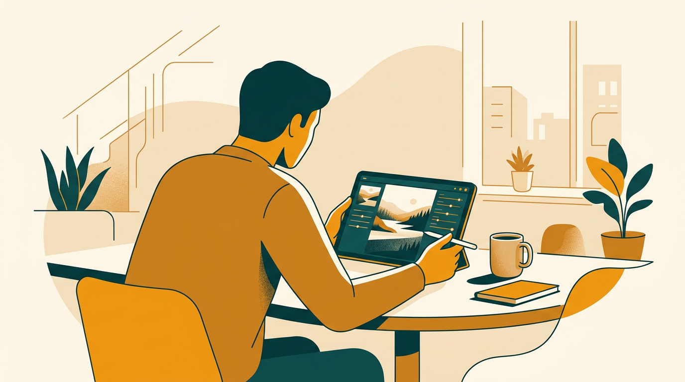 a person editing a photo on a tablet with a stylus, sitting in a cafe, demonstrating a mobile and flexible creative workflow