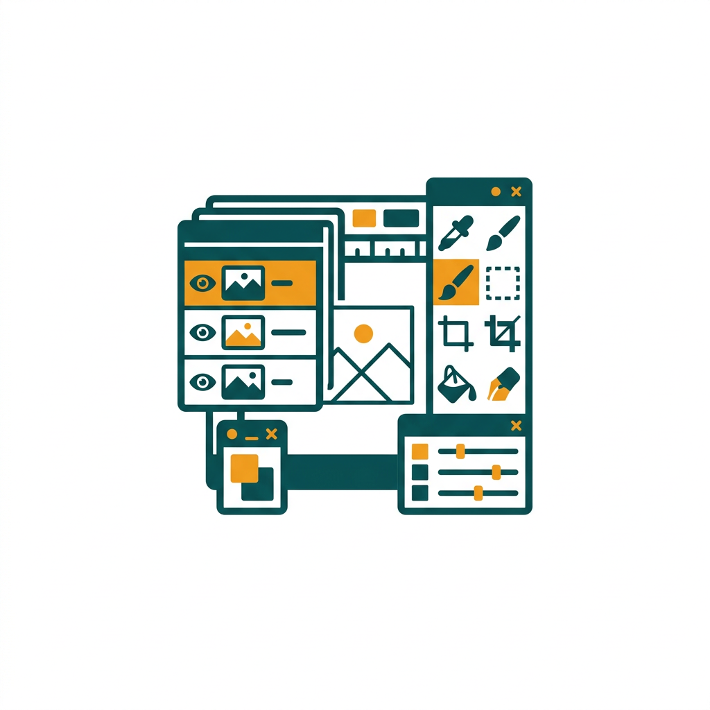 a complex user interface for image manipulation with multiple layers and tool palettes visible
