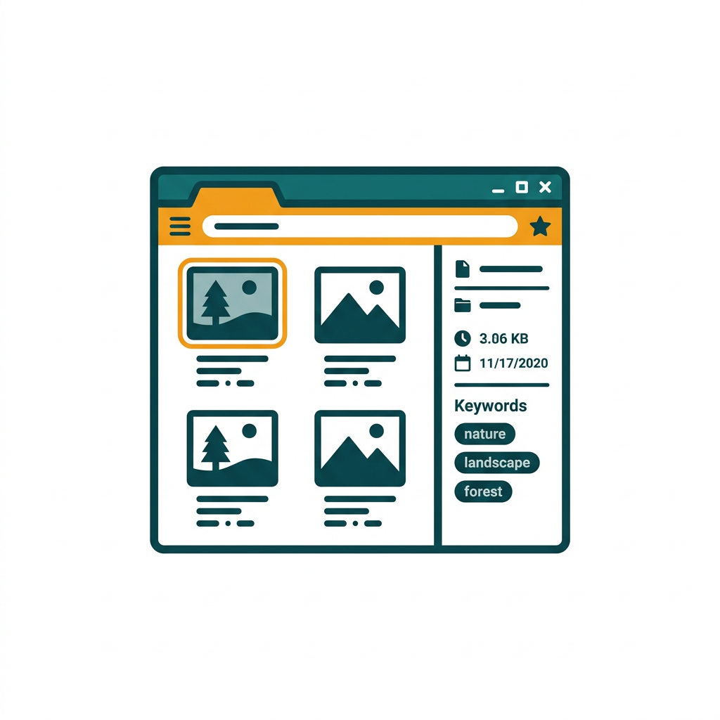 a desktop software interface showing a library of photo thumbnails with metadata and keyword tags
