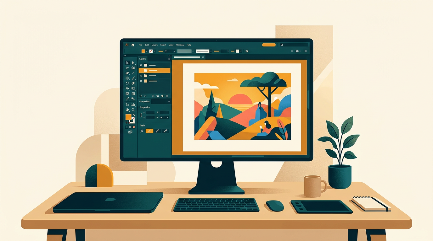 a clean, modern desk setup with a high-resolution monitor displaying the user interface of a graphic design application, with tool palettes and a vibrant digital illustration in progress