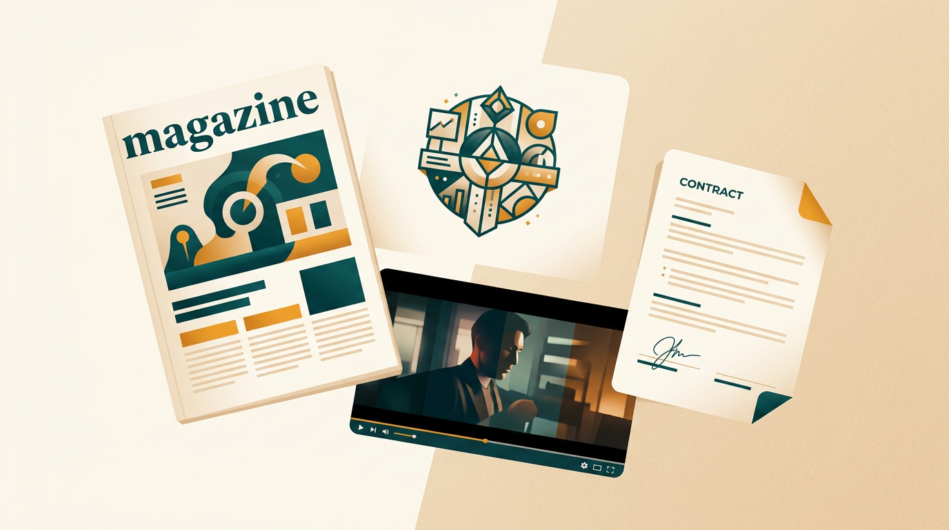 a dynamic collage of finished creative projects: a professional magazine cover, a complex vector logo, a color-graded video still, and a signed digital contract