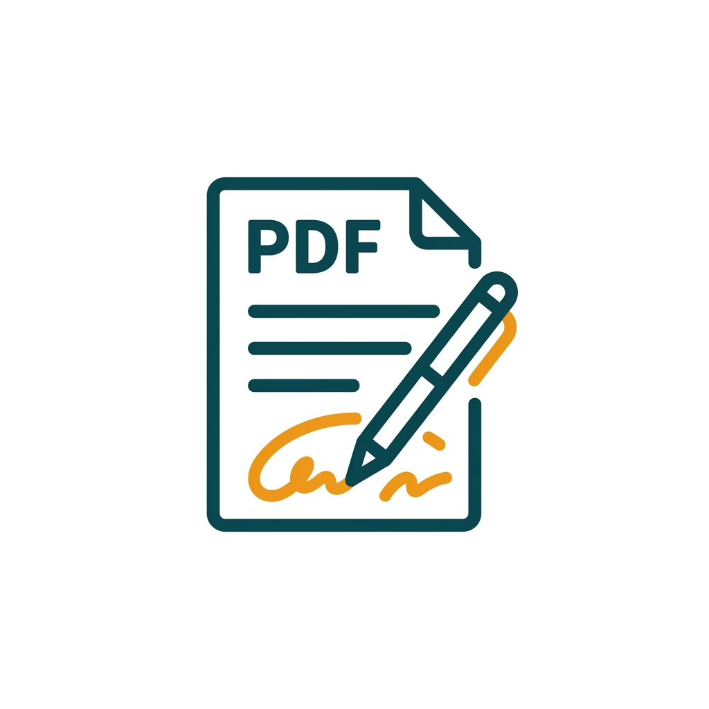 a stylized PDF document icon with a pen and signature tool