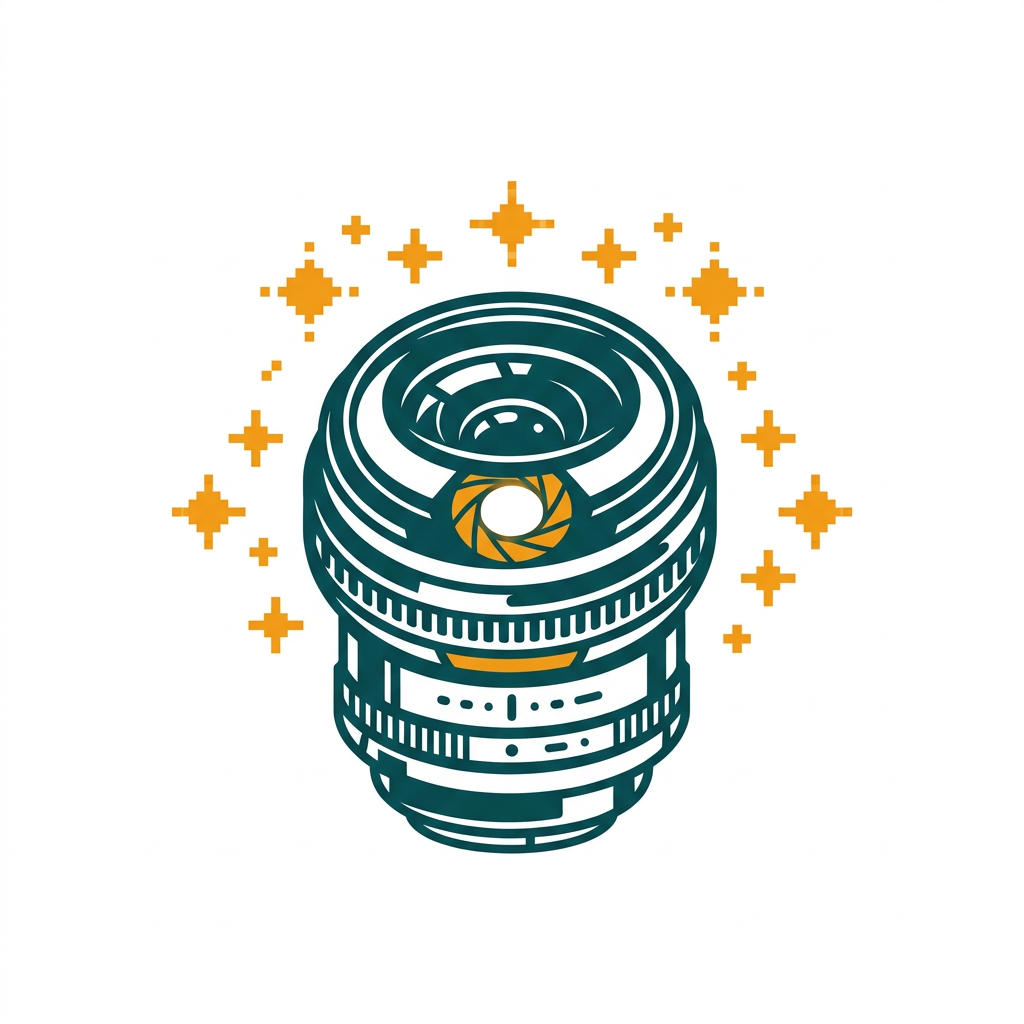 a detailed camera lens icon with pixelated sparkles around it