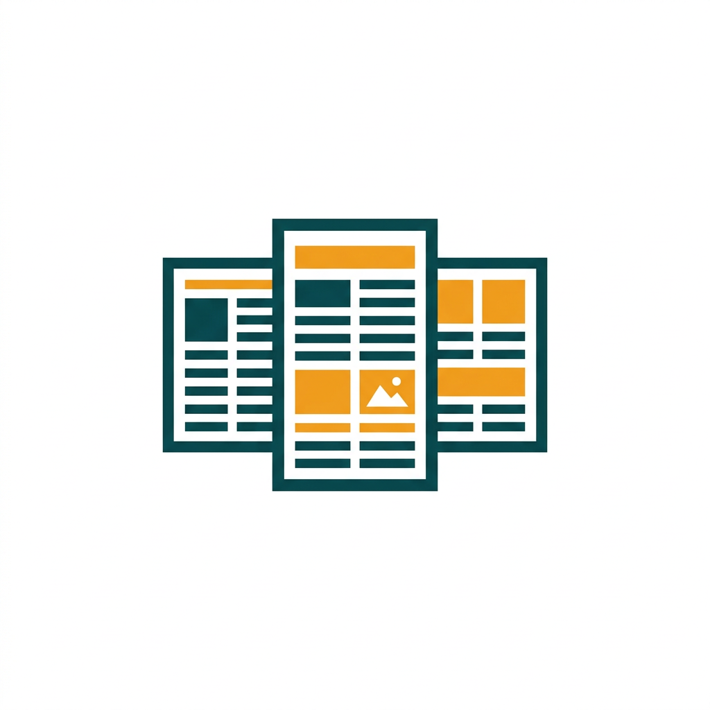 an icon showing a multi-page document layout with text and image placeholders