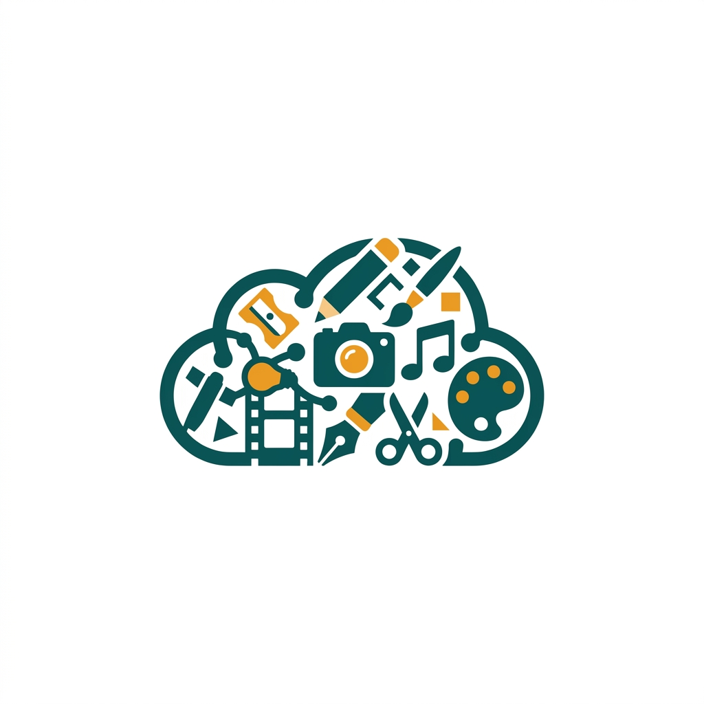 a vibrant cloud icon composed of multiple smaller creative tool symbols