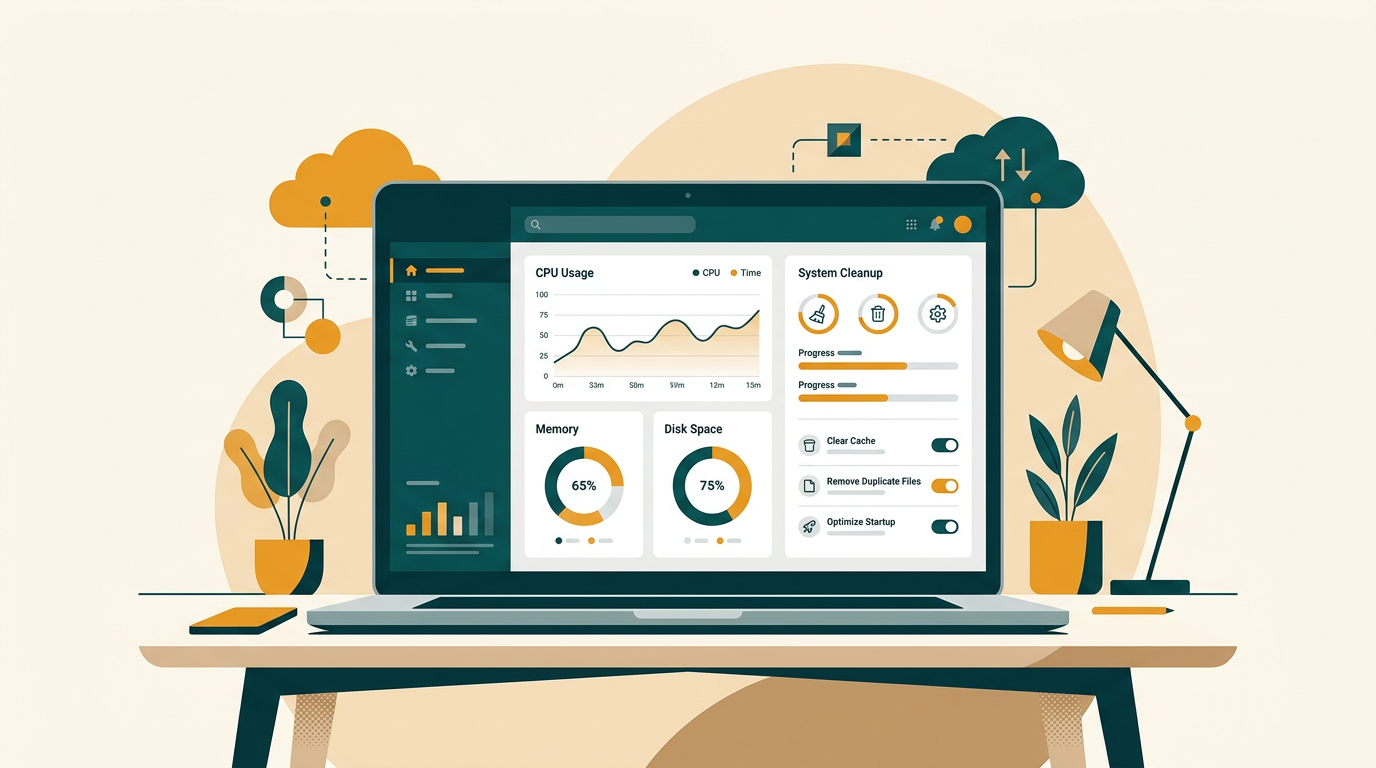 a clean, modern dashboard of a system optimization software on a laptop screen, showing performance metrics and cleanup options against a minimalist office background