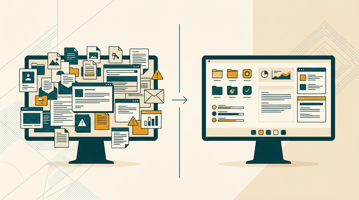 a split-screen style graphic showing a cluttered, messy digital desktop on the left and a perfectly organized, clean desktop on the right, symbolizing transformation