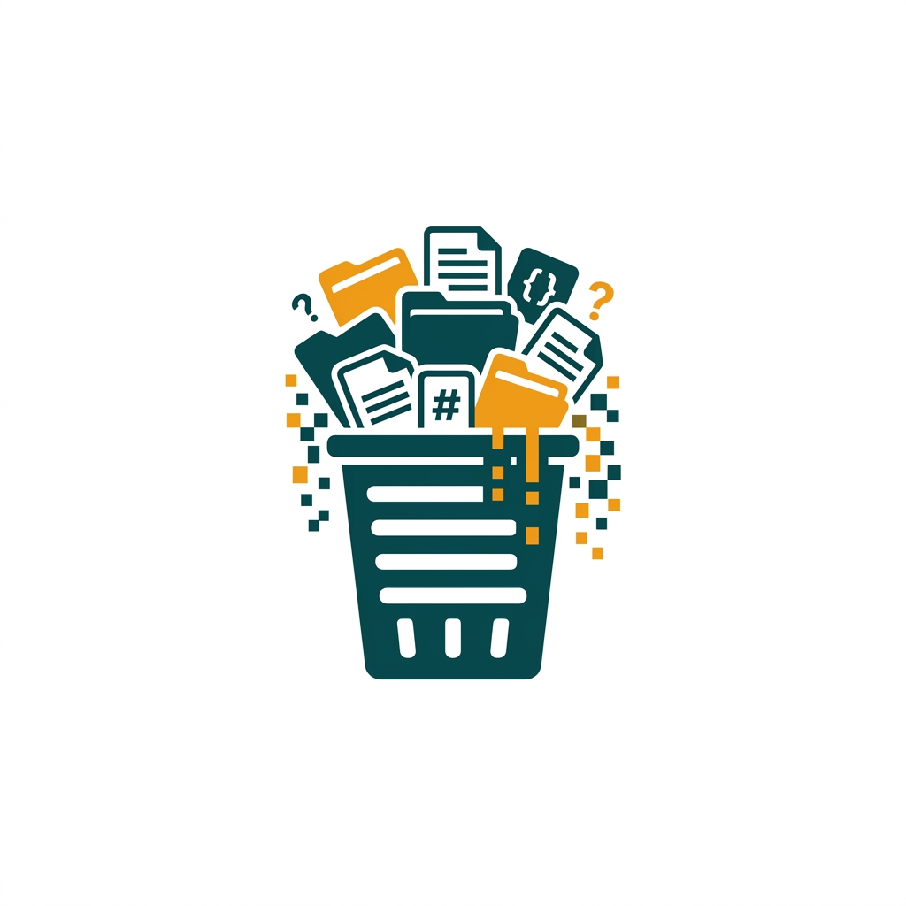 a trash can icon overflowing with digital files and data bits