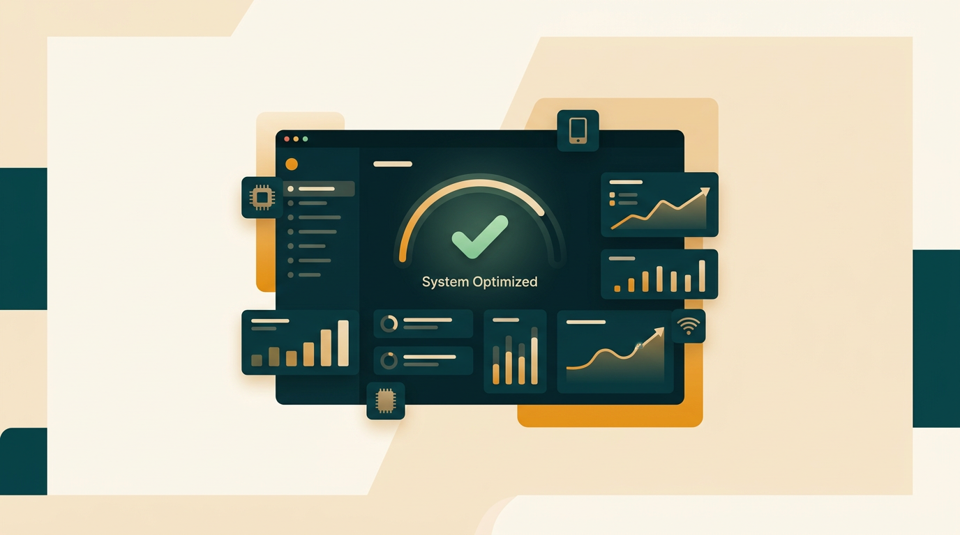 a sleek dashboard of a system utility software showing a green checkmark for 'system optimized', with graphs and device icons, on a dark mode interface