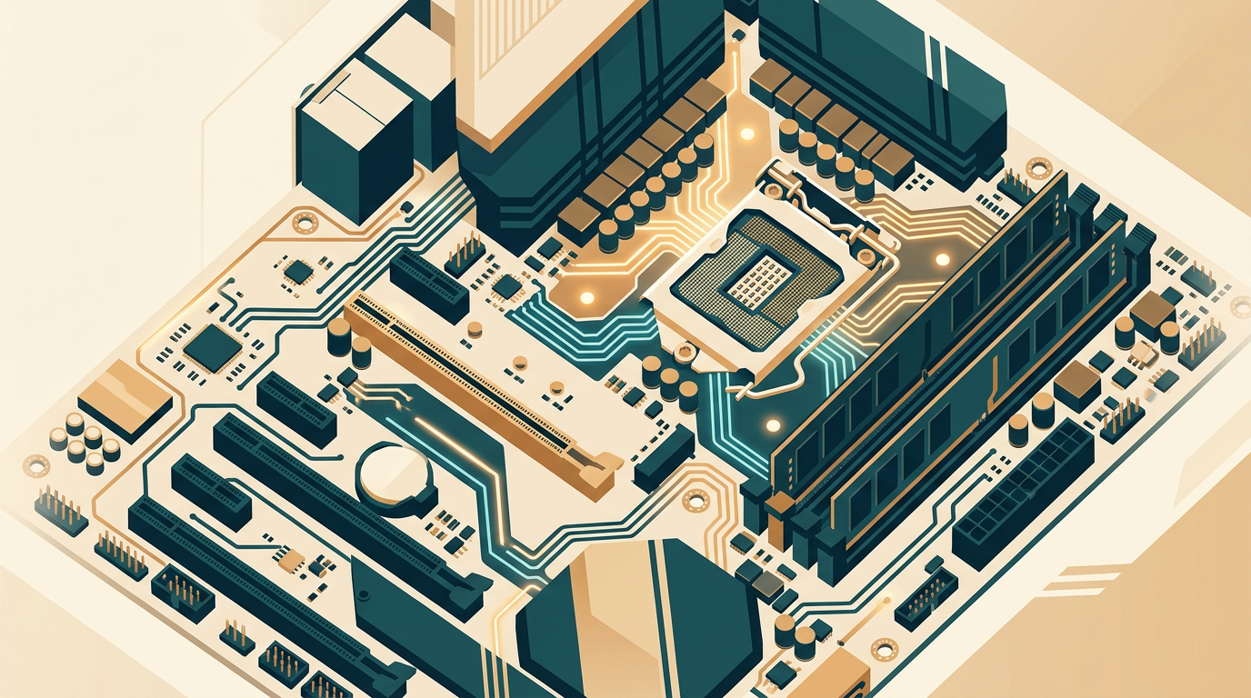 a close-up shot of a modern computer motherboard with glowing circuits and perfectly arranged components, symbolizing system health and order
