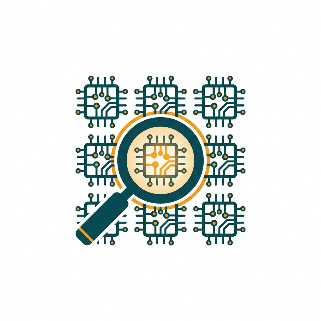 a magnifying glass icon scanning over a grid of small microchip symbols