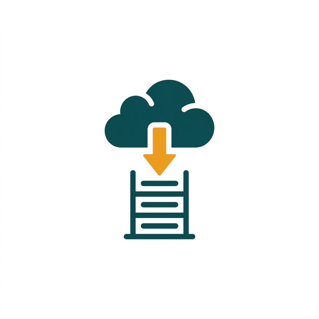a cloud icon with a downward arrow pointing to a server rack symbol