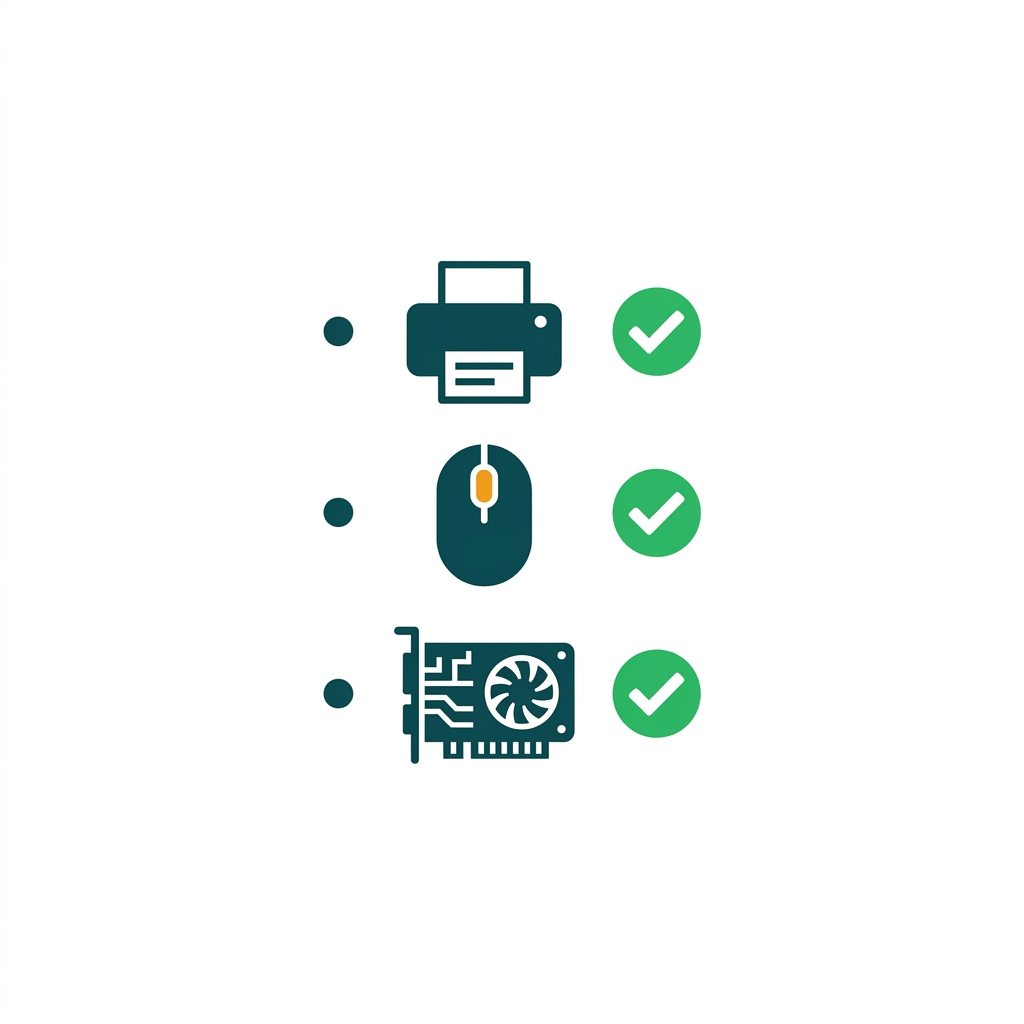 a list of device icons like a printer, mouse, and graphics card with green checkmarks