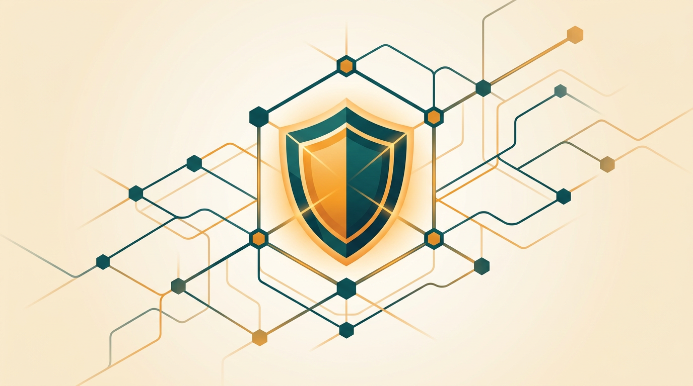 a stylized shield icon glowing in the center of a digital network grid, representing online security and data protection, clean vector illustration