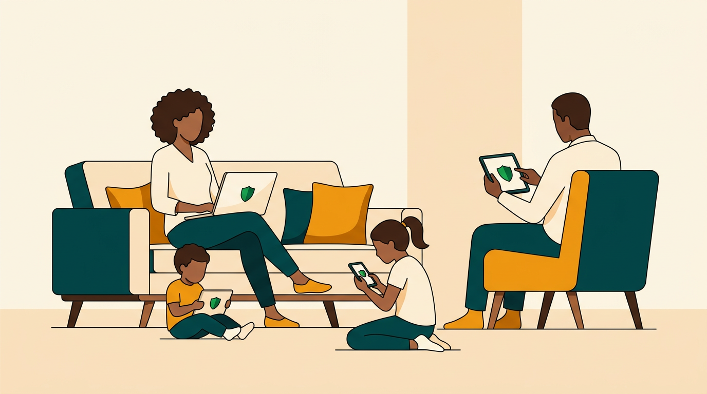 a diverse family using different devices like a laptop, tablet, and smartphone, all showing a green shield icon, in a modern living room setting