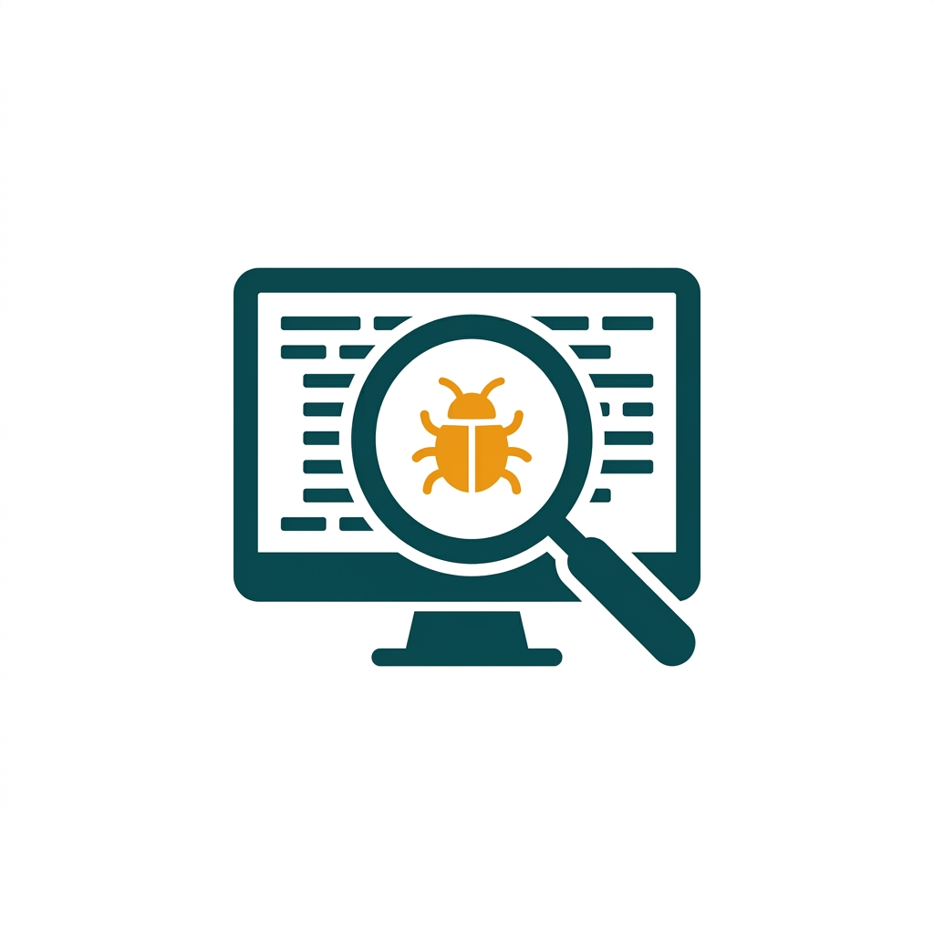 a magnifying glass scanning computer code on a dark screen, identifying a bug icon