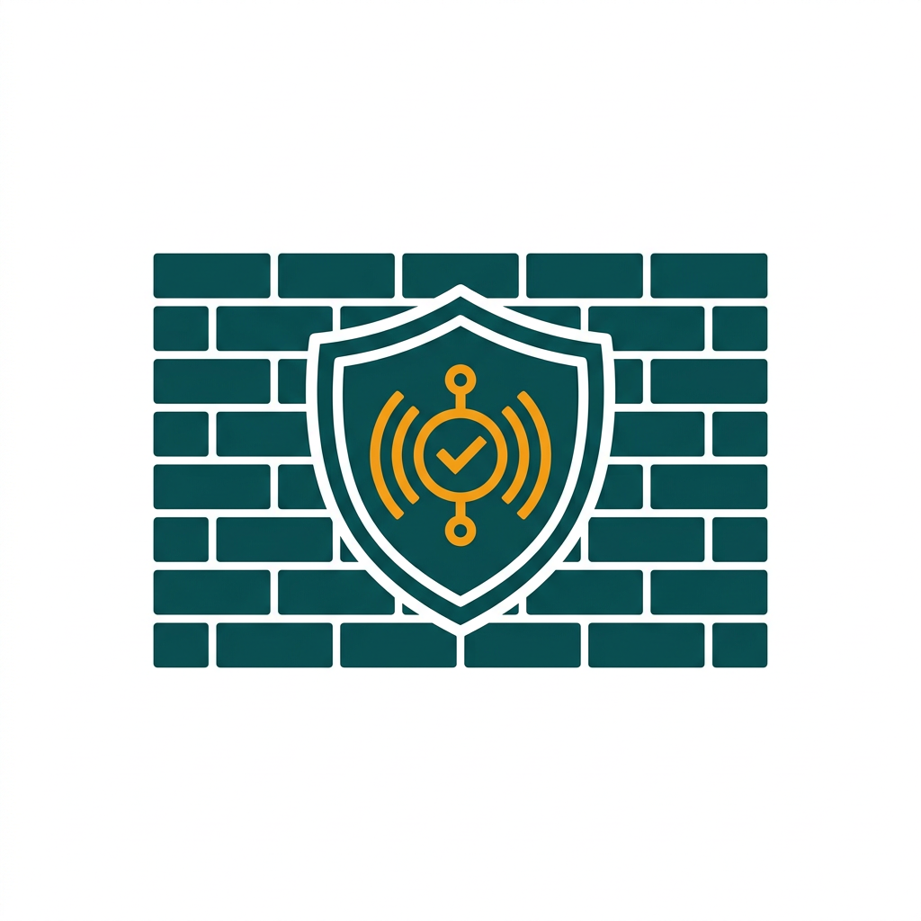 a solid brick wall with a digital shield symbol in the center, representing a firewall