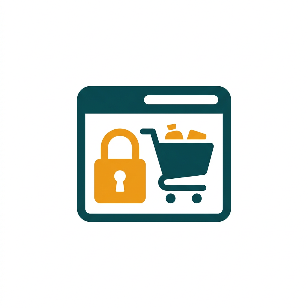 a simple padlock icon over a browser window showing a shopping cart