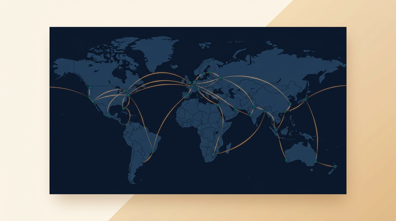 a stylized world map with glowing connection lines between cities, representing a global server network, on a dark blue background