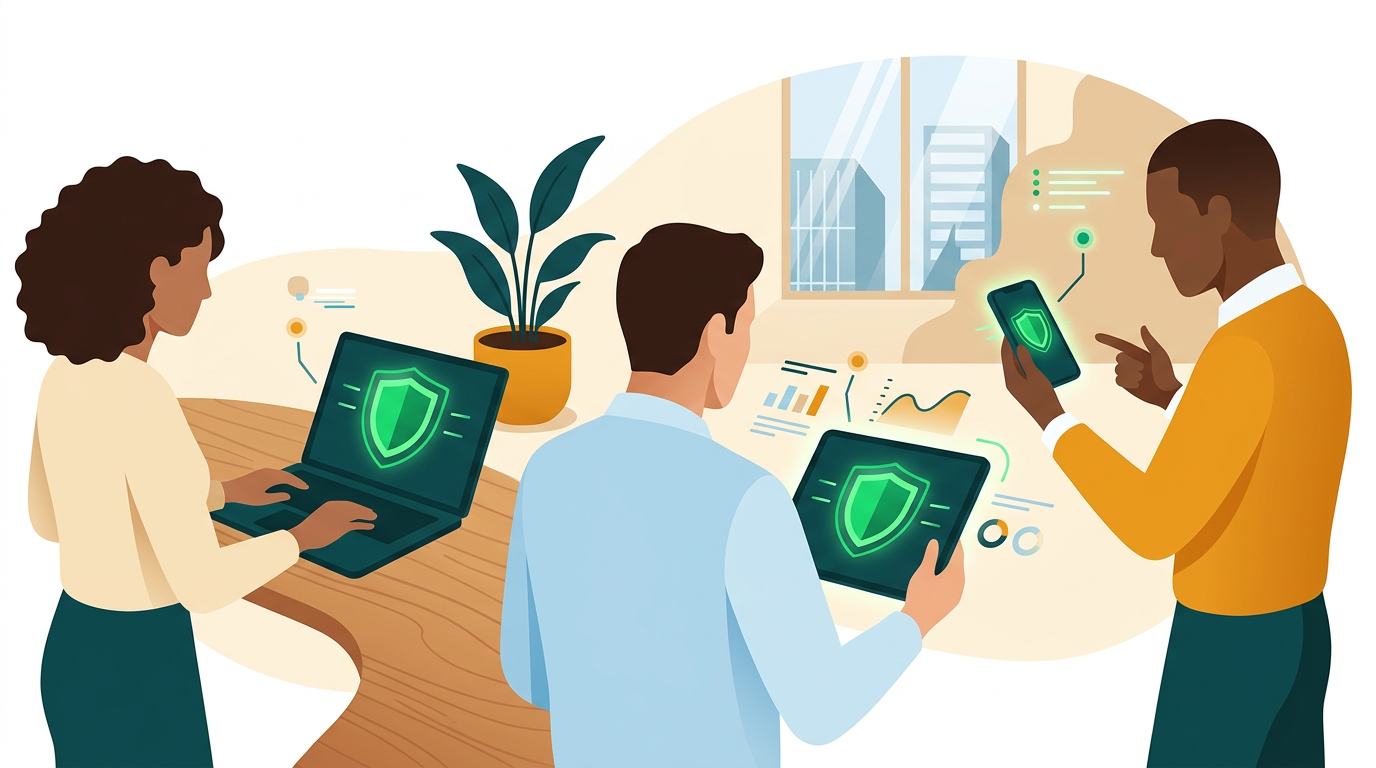 a diverse group of people using various devices like a laptop, tablet, and smartphone, all showing a green shield icon on screen