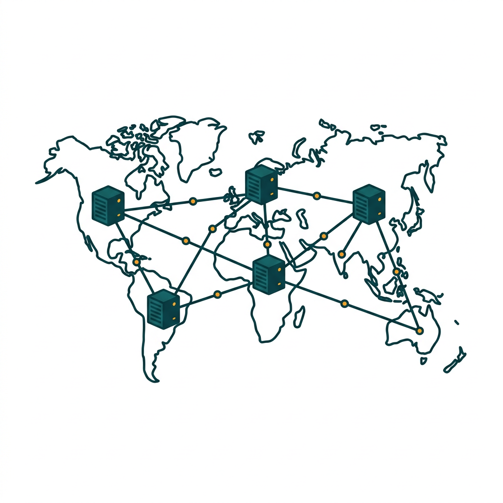 a network of interconnected servers across a minimal world map graphic