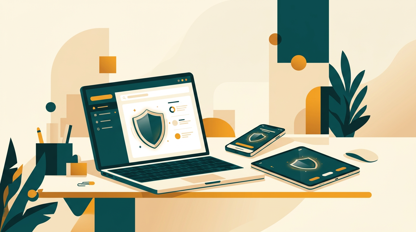 a diverse set of digital devices a laptop, a smartphone, and a tablet all showing a unified security shield icon on their screens, arranged neatly on a desk
