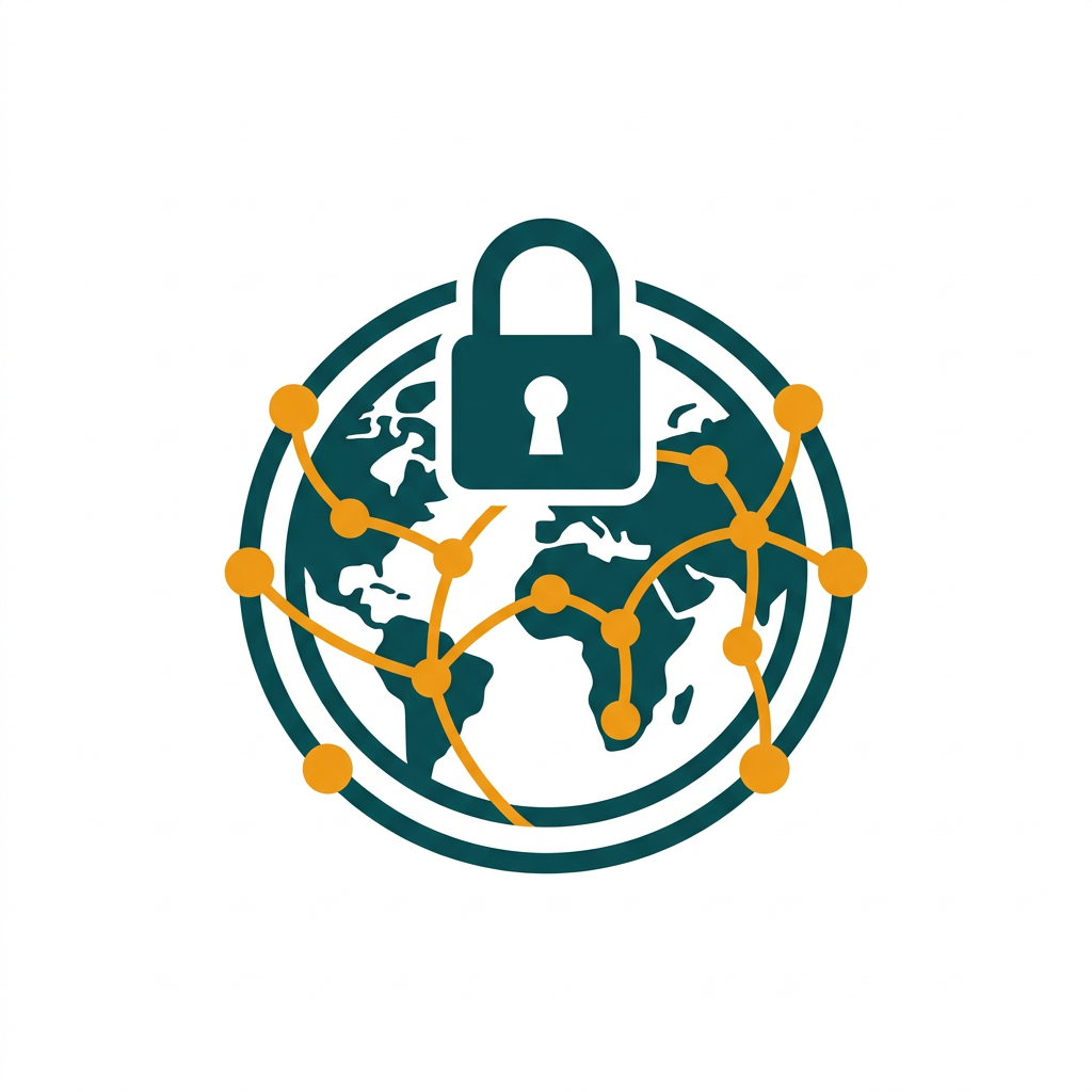 a stylized globe with interconnected data points and a padlock icon, representing a secure global network