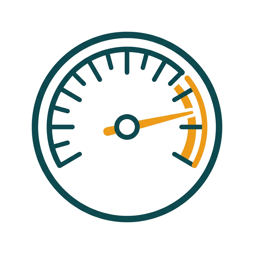 a circular gauge or speedometer with the needle pointing to the maximum, indicating peak performance