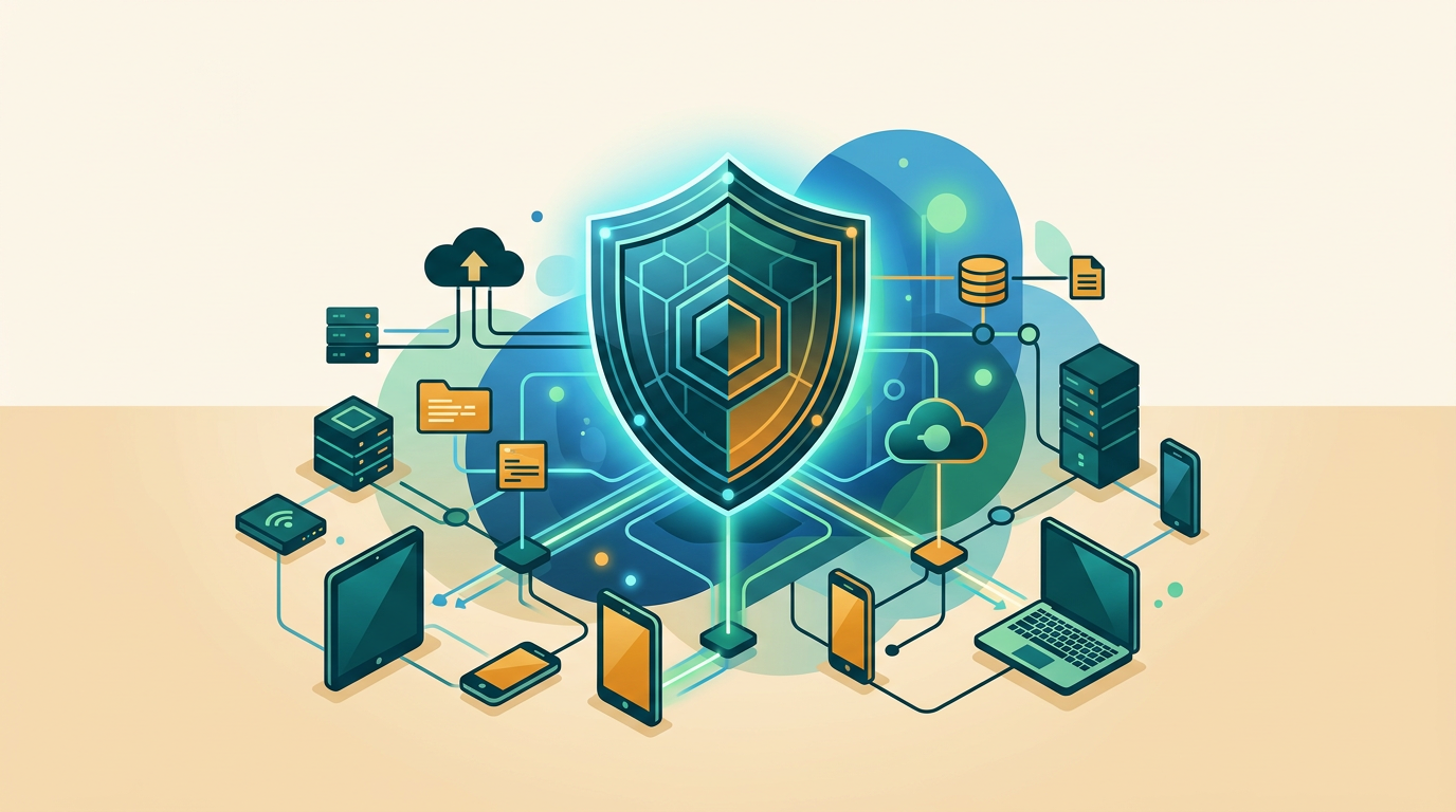 a glowing digital shield icon protecting a network of connected devices, abstract blue and green background, clean vector illustration