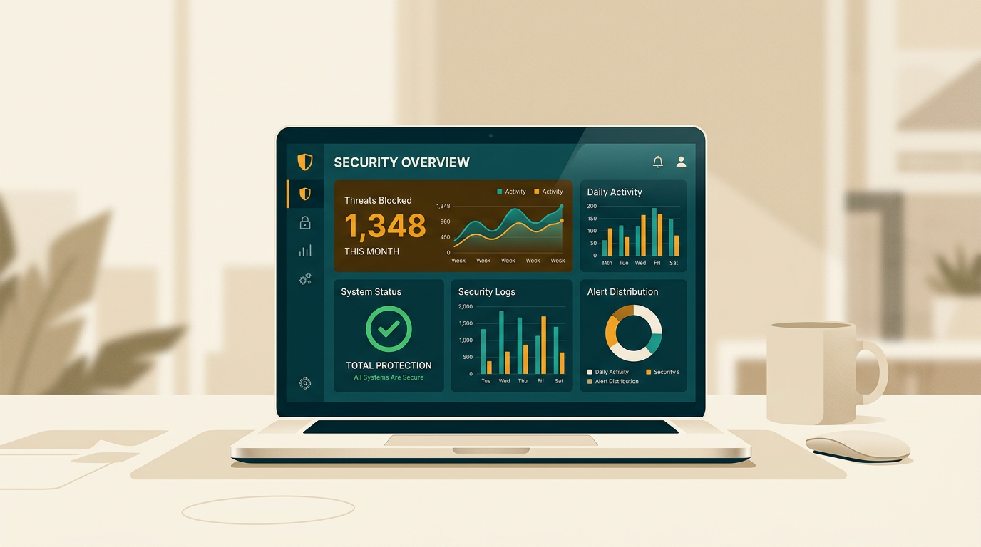 a clean interface of a security dashboard showing threats blocked and system status green, on a laptop screen, soft focus background