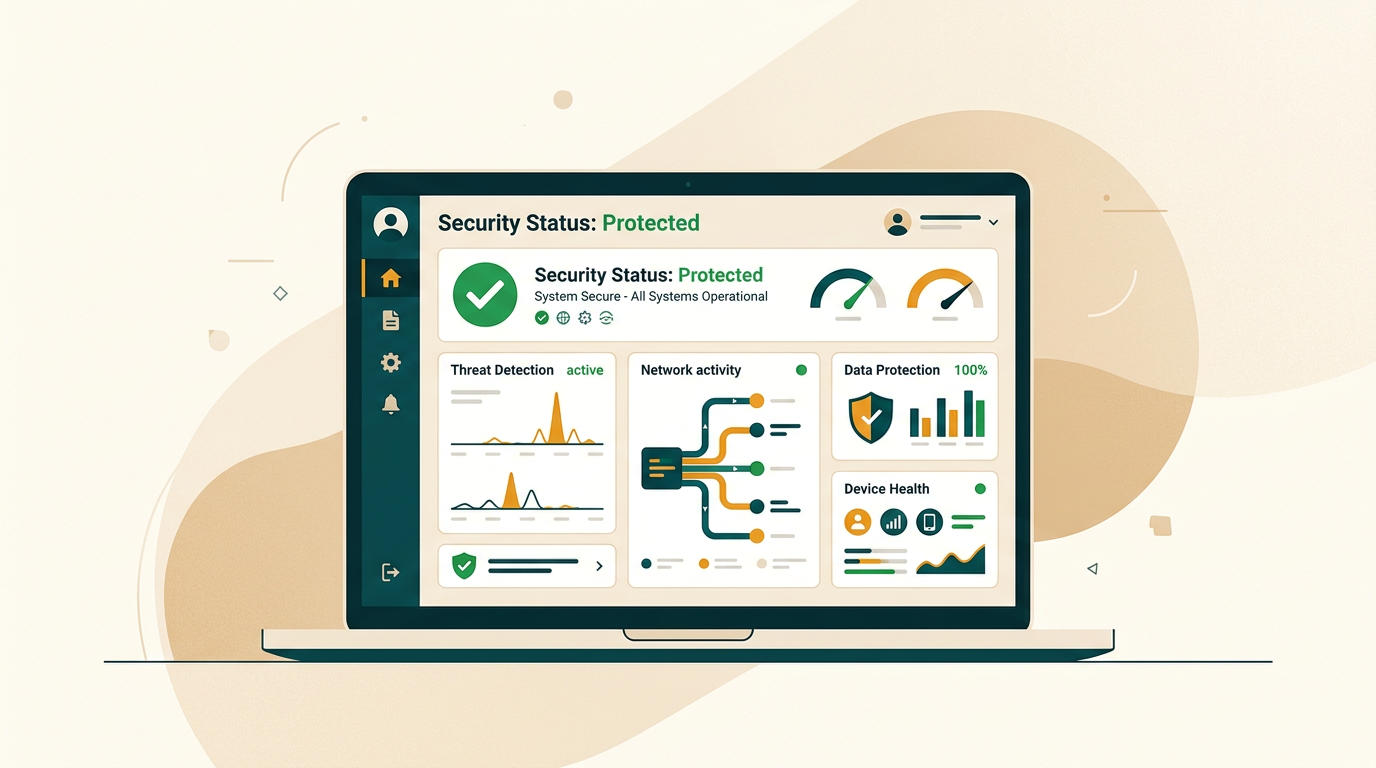 a clean, modern digital security dashboard interface on a computer screen, showing green checkmarks and protection status, abstract background