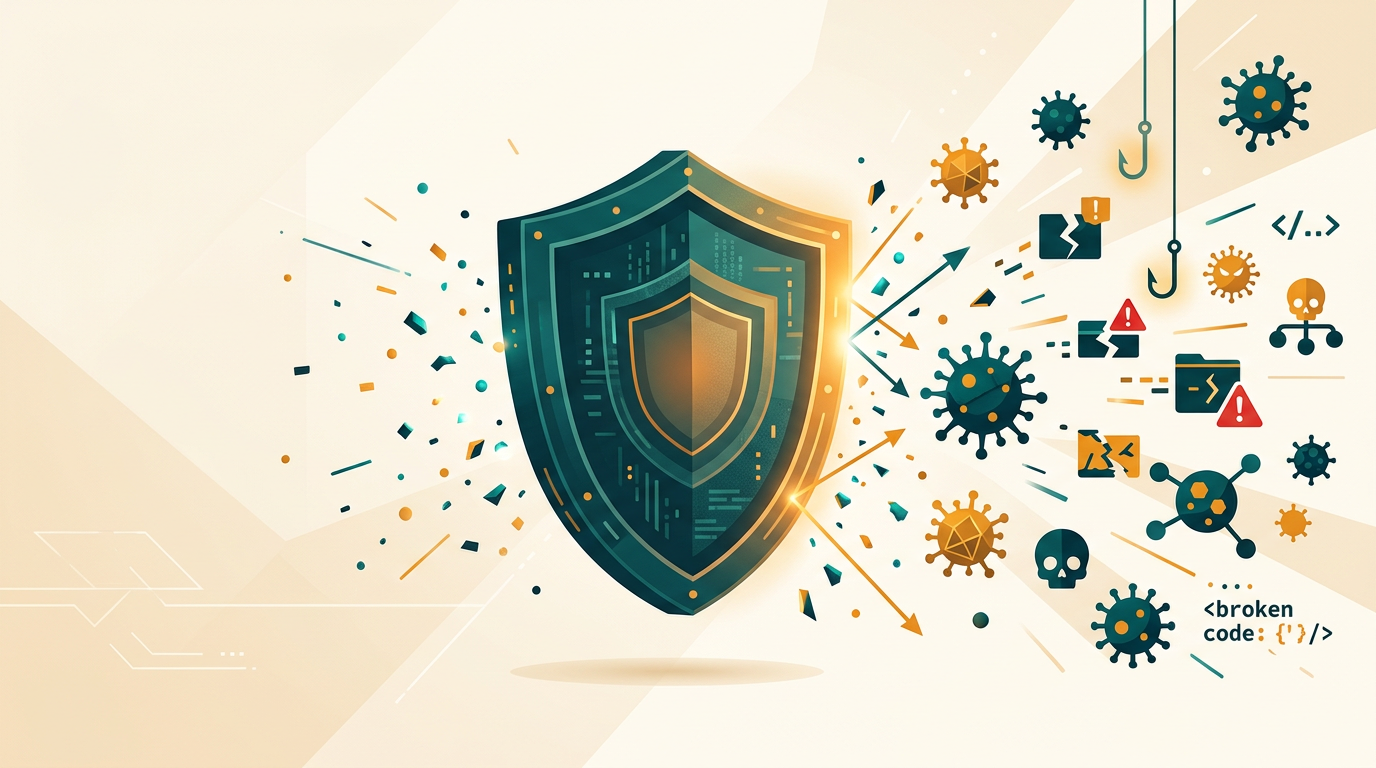 a symbolic illustration of a digital shield deflecting various cyber threats like viruses, phishing hooks, and malware icons