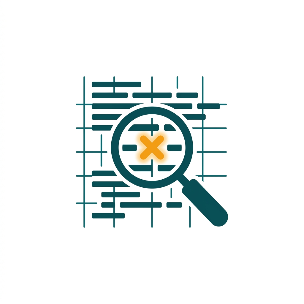 a magnifying glass scanning lines of digital code for errors, minimal vector icon